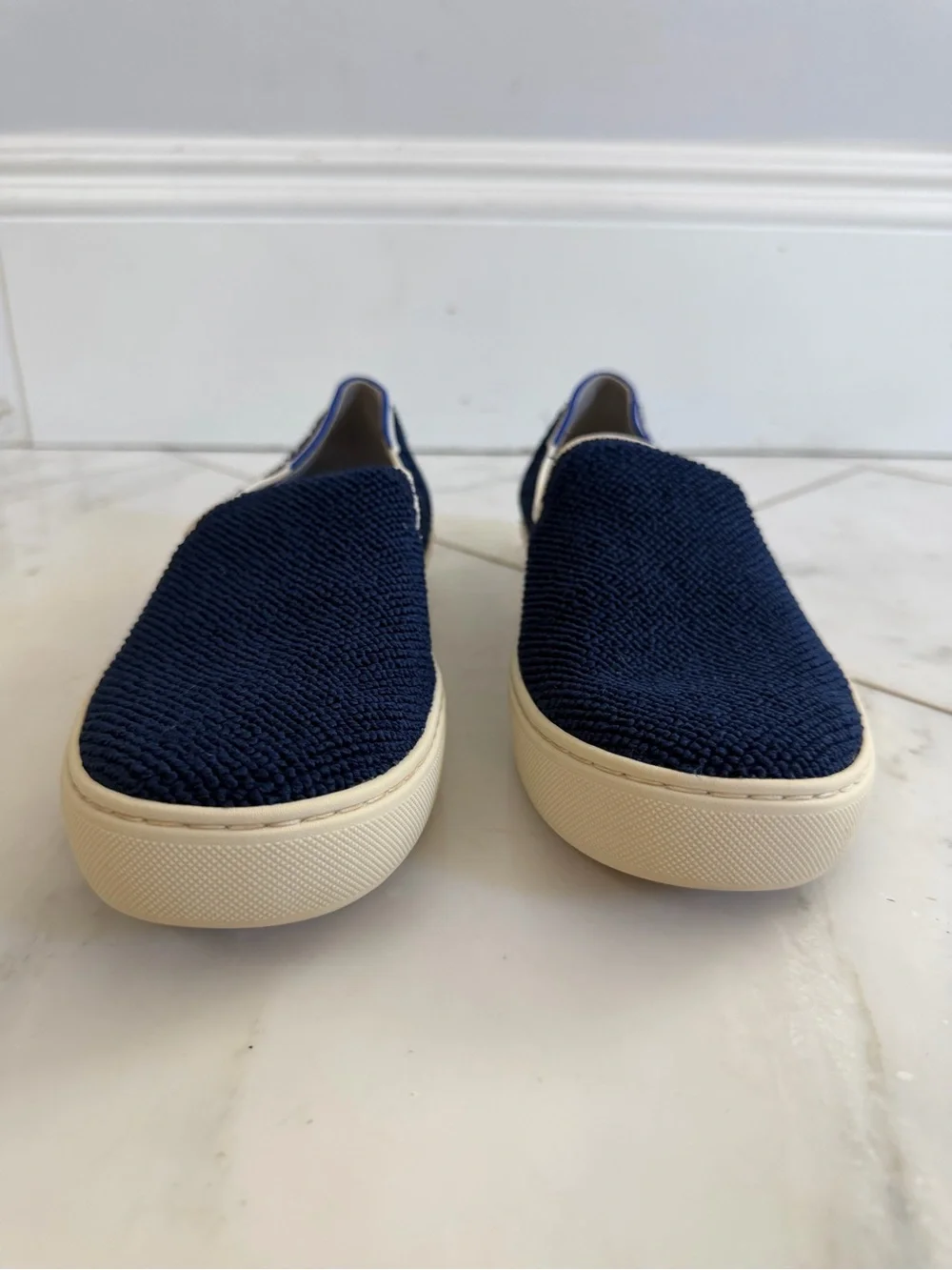 Rothy’s Women’s 9 Navy Blue Knit Flat Loafers with mint accents off white soles